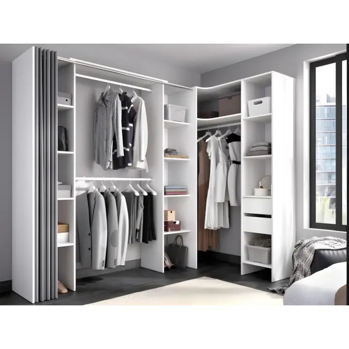 Vente-unique - Armario ropero de esquina extensible DORIAN - Ancho 164/234 cm - Blanco y gris - 1