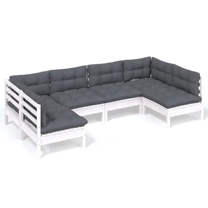 vidaXL Muebles de jardín 6 pzas y cojines blanco madera maciza de pino - 1