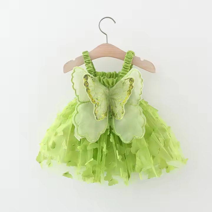 Vestido De Princesa Para Niñas Con Alas De Mariposa Grandes En El Escote Cintura Con Cordón Vestido De Colores Con Mariposa Para Fiesta Verano Sin Mangas Largo Hasta La Rodilla - 1