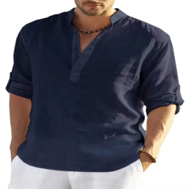 Mov Men's linen long-sleeved T-shirt loose sweatshirt solid color long-sleeved cotton and linen shirt men's large size - 1