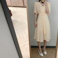 Vestido REALEFT Para Mujer Verano Otoño Manga Acolchada V-Neck Cinturón Frontal Cruzado Elegante Casual A-Line Midi Para Oficina - details 13