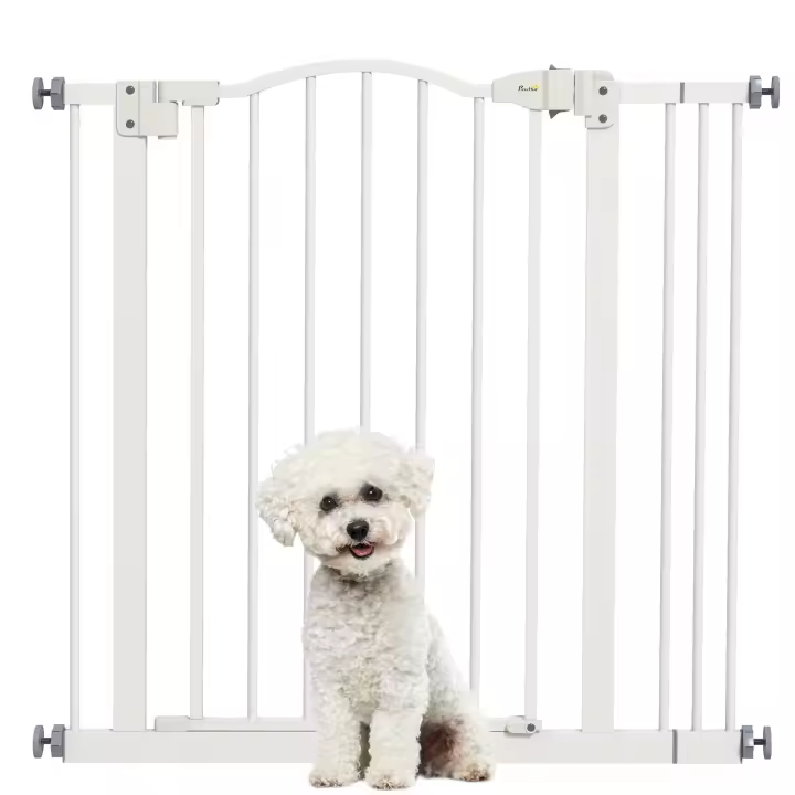PawHut Barrera de seguridad para Perros Extensible 74-87 cm, para Puertas y Escaleras, Barrera para Perros con Extensión 7 cm, Montaje a Presión y Doble Bloqueo, Blanco - 1