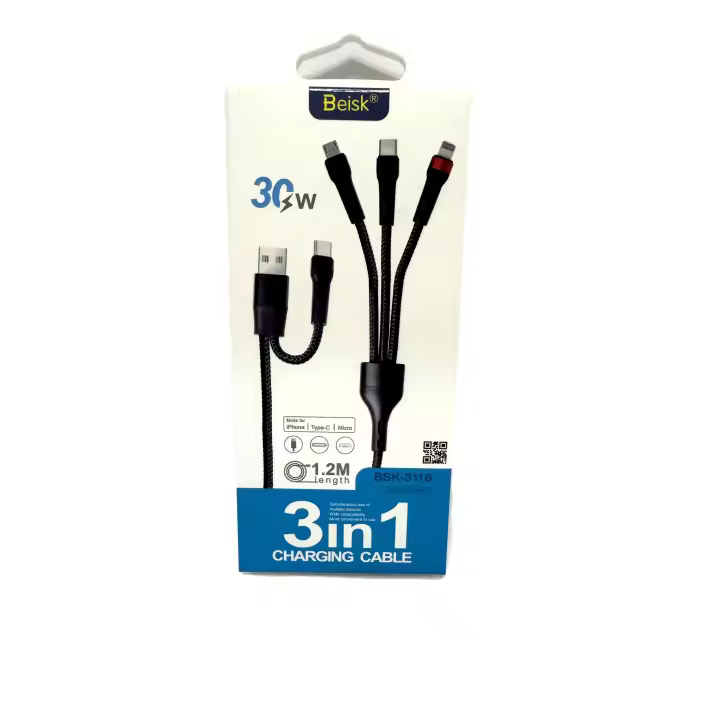 charging cable 3 in 1 carga rapida 4 A 30w 1.2m cable trenzado nylon BEISK - 1
