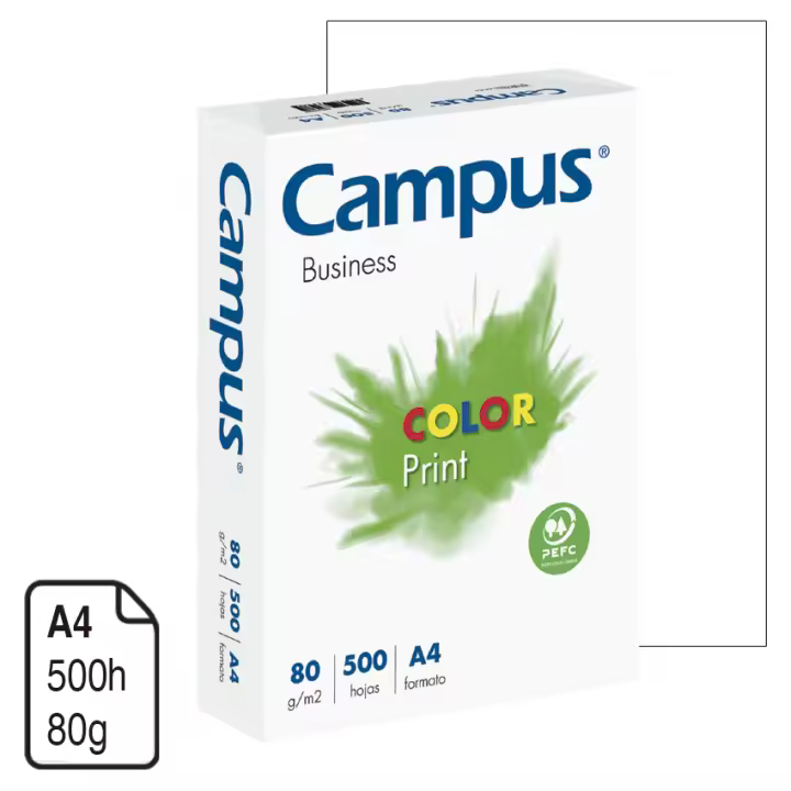CAMPUS FOLIOS 500FOLIOS,1000FOLOOS O 2500 FOLIOS PAPEL CAMPUS COLOR PRINT PEFC BLANCO A4 80 G.PAQUETE 500 HOJAS CALIDAD CAMPUS BUSINESS Certificación PEFC Especial para fotocopiadoras, impresoras láser e inkjet. Blancura 160 CIE PRIMERA CALIDAD - 1
