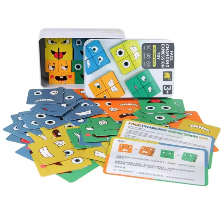 Bloques De Madera Educativos Para Niños Juego De Tablero 3D Cambio De Cara Cubo De Expresión Montessori Juguete Interactivo Para Niños Y Niñas - 1