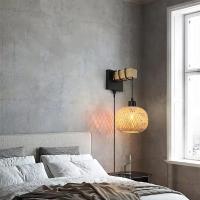 Lámparas De Pared De Bambú Y Madera Decorativas Para Dormitorio Elegante Luz Nocturna Incluida Montaje Manual Sin Cable - details 4