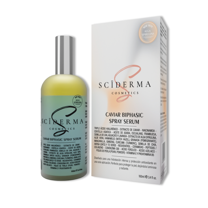 SCÏDERMA SPRAY SERUM ACIDO HILAURONICO | Caviar, Niacinamida, Péptidos, Ácido Azelaico y Ferúlico, Resveratrol, Triple Ácido Hialurónico, Ceramidas – BRUMA FACIAL HIDRATANTE ANTIOXIDANTE BIFÁSICO - 100 ml – No Grasa
