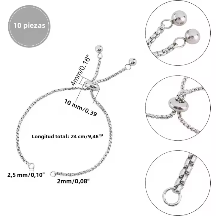 Cadena De Extensión Para Pulsera Ajustable De Acero Inoxidable 10 Piezas 9-1/2"(24cm) Con Terminales De Bola Para Mujer - 1
