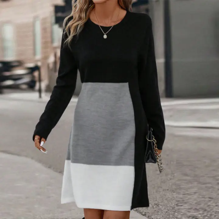 Vestido Largo De Manga Para Mujer Primavera 2025 Estilo Casual Patchwork Negro A-Line Cuello Redondo Vestidos De Verano Mujer - 1