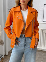 Chaqueta De Cuero PU Para Mujer Fitaylor Azul Oscuro Cierre De Cremallera Estilo Casual Manga Larga Temporada Transversal - details 4