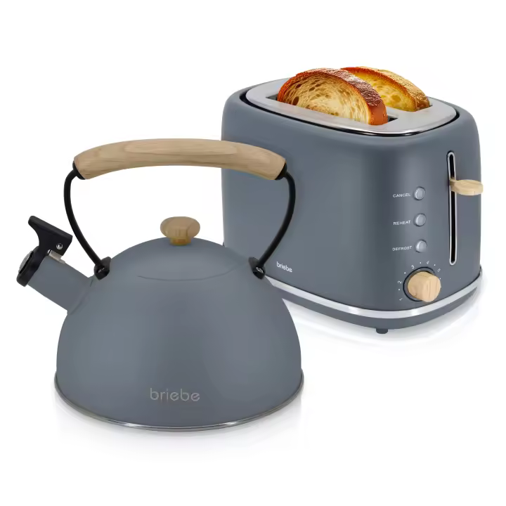 Briebe SKT1177GRY Nordic Set Tostadora Pan Ranura Ancha 2 Rebanadas + Tetera 2,3L Acero Inox, Inducción Libre BPA, 870W, Gris - 1