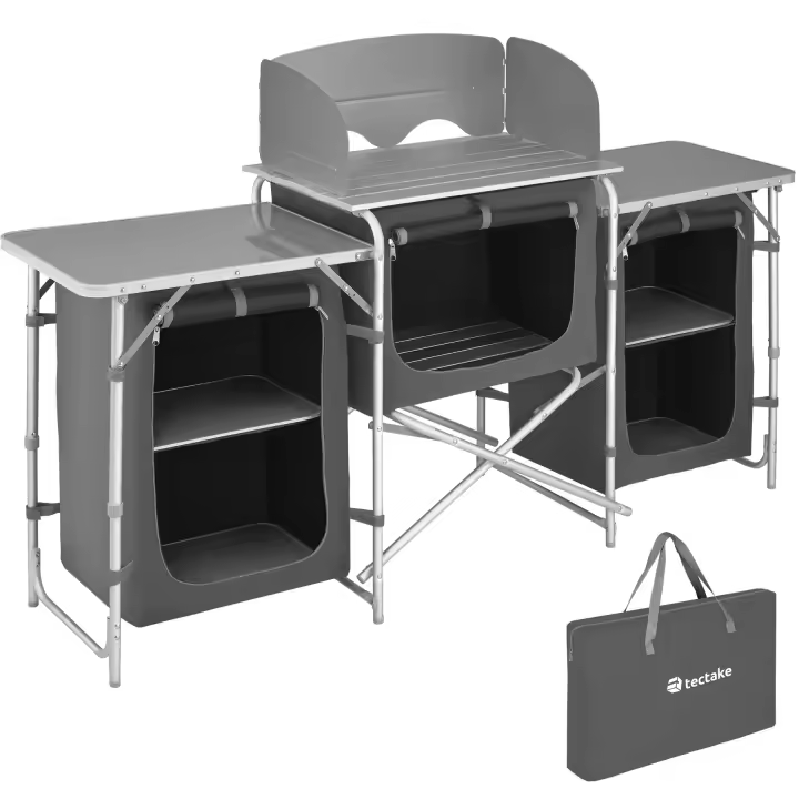 Tectake - Cocina de camping 172 x 52 x 104 cm | Ideal para Camping | Amplio espacio para almacenar utensilios | Mesa central resistente al calor con protectores laterales para el viento | Indicada para cocina de gas - 1
