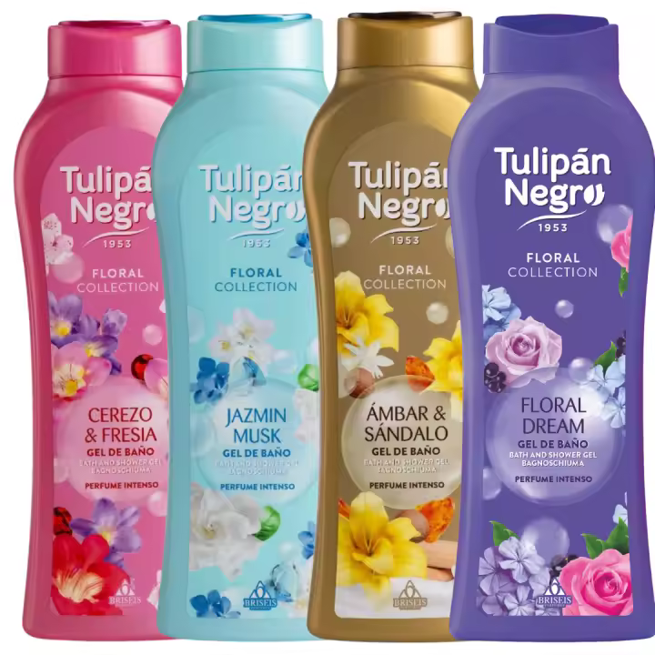 Pack de 4 geles de baño tulipán negro 650 ml: cereza y fresia, jazmín, ámbar y sándalo, sueño floral. Fragancias florales hidratantes, suavizantes y duraderas para el cuidado diario. - 1