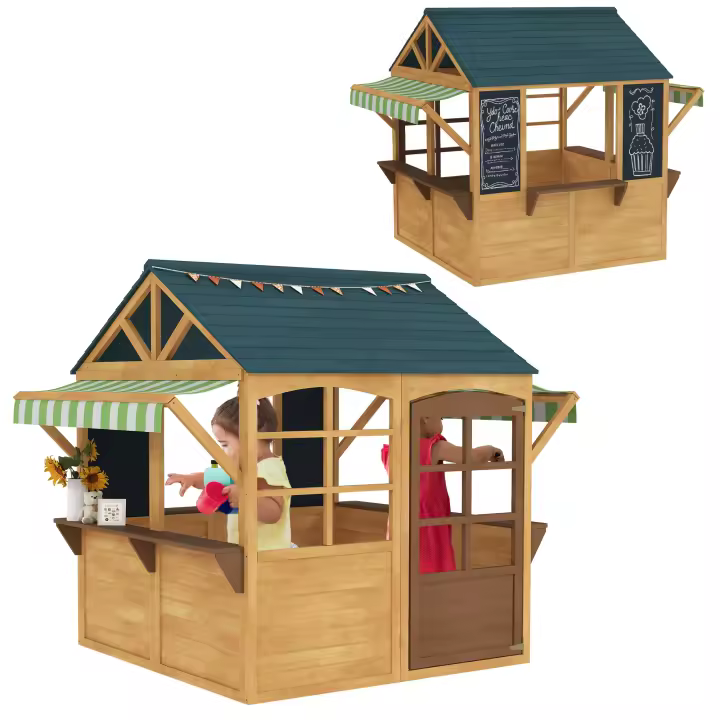 AIYAPLAY Casita Infantil Exterior de Madera Plegable Casa Jardín Infantil con 2 Pizarras Ventanas y Toldo Casita de Juegos para Niños a Partir de 3 Años Natural - 1