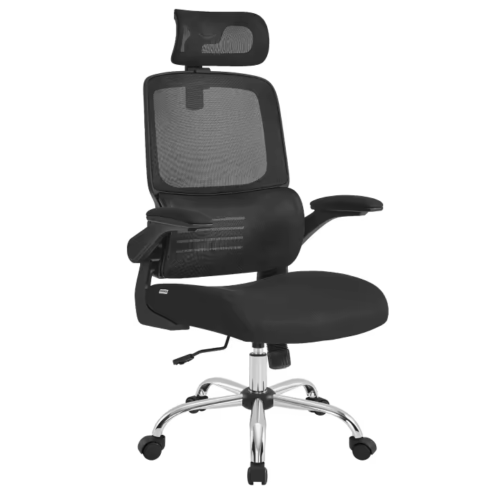 SONGMICS Silla Ergonómica de Oficina, Silla de Escritorio, Silla de Malla, Respaldo Alto, Reposabrazos Abatibles, Soporte Lumbar, Reposacabezas Ajustable, Inclinable, Negro Tinta/ Gris Paloma - 1