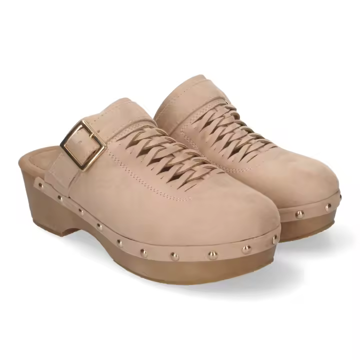 Davinia Shoes Zueco de Tacon para Mujer, Comodos y Elegantes, Detalles de Tachuelas, Pala Calada, y Talon Abierto. Shoes&Blues.es DB-3241-Beige - 1