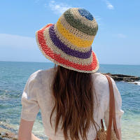 Sombrero De Pescador De Hilo Colorido Hecho a Mano Para Mujer Sombrero De Sol De Primavera Verano Al Aire Libre Con Visera Sombrero De Playa Plegable De Paja Arco Iris - details 6