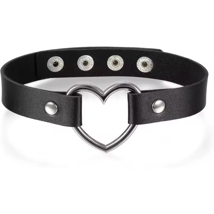 Gargantilla - Gargantilla Corazón Punk, Collar Personalizable, Collar Cadena, Collar Gótico Cuero para Señoras, Negro - 1