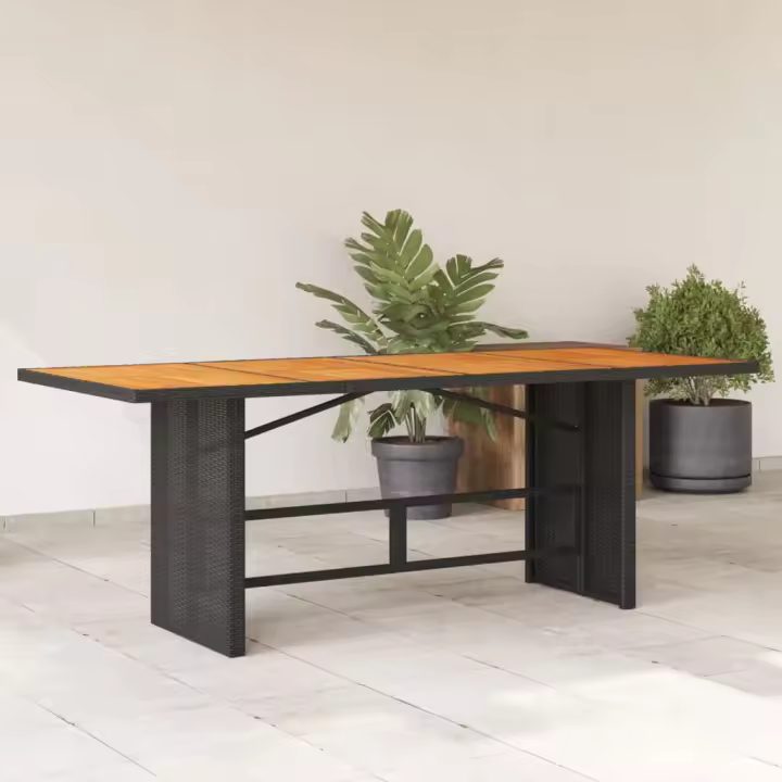 Mesa de jardín superficie de madera ratán PE negro 190x80x74 cm - 1