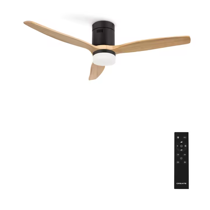 CREATE- Ventilador de techo 40W silencioso 100% madera varios tamaños con LUZ, color Negro / Madera clara - WIND CALM NATURAL WOOD. - 1