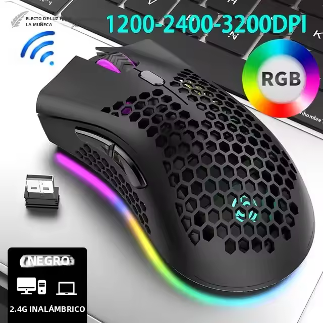 Ratón Gaming Wireless USB 2.4G RGB Luz Honeycomb Recargable BM600 Para PC Laptop Notebook Mouse Despacho Cute Para Jugador - 1