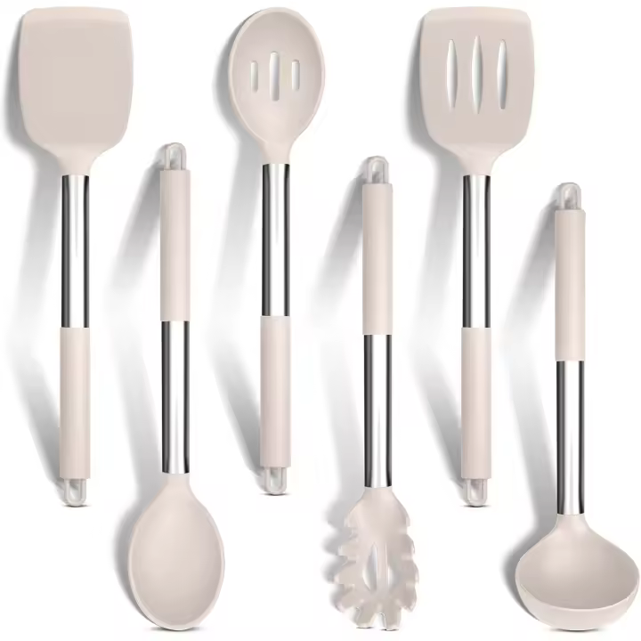 Juego de utensilios de cocina, 6 piezas de silicona con mango de acero inoxidable, resistentes al calor, color caqui - 1