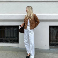 Chaqueta Casual Para Mujer ZBZA Marrón Vintage Con Pochetes Y Cuello En V Simple Breasted De Manga Larga Outerwear Slim Para Primavera Y Otoño - details 4