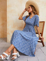 Vestido Bohemio Vintage De Verano Para Mujer Azul Con Cintura Elástica Estilo Casual Vestido De Playa Midi Con Mangas Butterflies - details 3