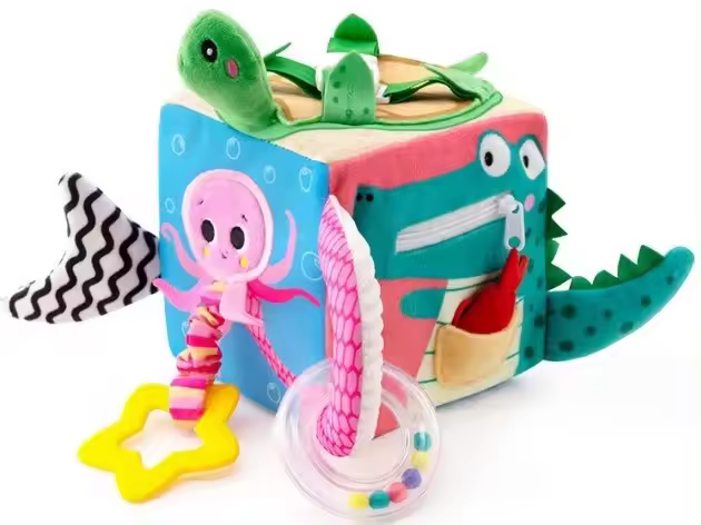 Juguete De Cubo De Peluche Para Bebés Educativo De Tela Suave Bloques De Construcción Animal Música Y Ruidos Para Edad 0-12 Meses - 1