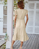 Vestido Largo Medio De Verano Para Mujer Con Manga Volante Y Cuello V Estilo Casual Suelto A-Line Sin Capucha Material Viscosa Y Poliéster - details 6