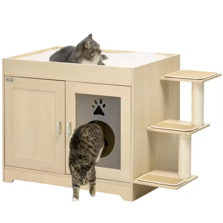PawHut Arenero para Gatos de Madera con 2 Puertas Mueble Arenero para Gatos con Cama Cojín Suave 3 Plataformas y Postes de Sisal 107x54x70 cm Roble - 1
