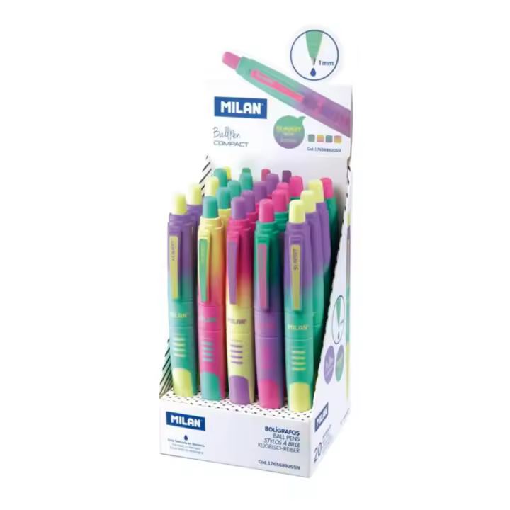 MILAN Sunset - Caja con 20 Bolígrafos de Pulsador Tinta Azul. Diseño COMPACT - 1