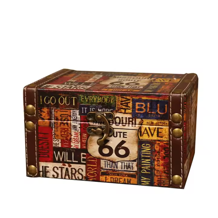 Maleta decorativa de almacenamiento Vintage, pequeña caja de madera Retro, cerradura de ataúd, caja de almacenamiento de escritorio, caja de joyería Muhe de acabado, 66 Road - 1