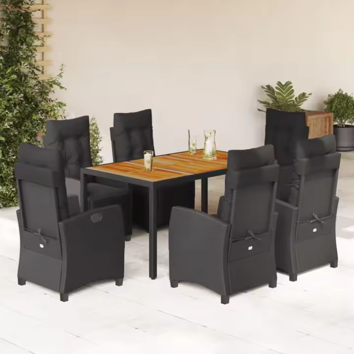 vidaXL Set de comedor de jardín 7 pzas y cojines ratán sintético negro - 1