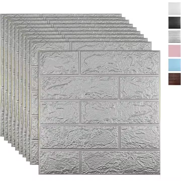 10 paneles de pared 3D plateados, cobertura de 14,5 pies cuadrados, adhesivo de papel tapiz imprimible con espuma de polietileno de ladrillo impermeable autoadhesivo, gris - 1