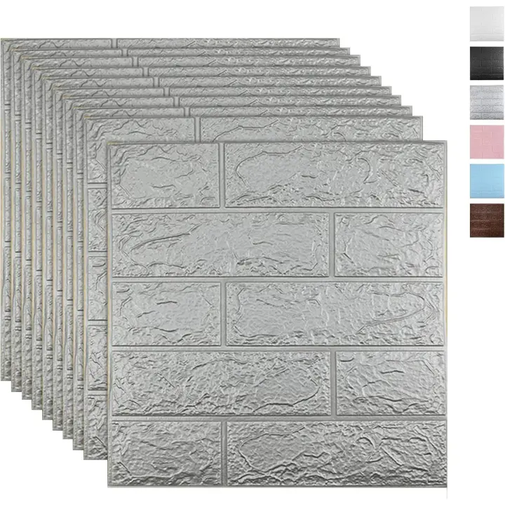 10 paneles de pared 3D plateados, cobertura de 14,5 pies cuadrados, adhesivo de papel tapiz imprimible con espuma de polietileno de ladrillo impermeable autoadhesivo, gris - 1