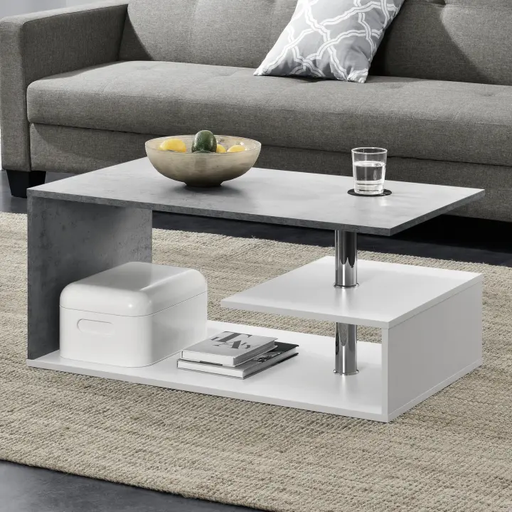 Mesa de centro Haarlem con estante 90x50x41 cm - Blanco y Aspecto hormigón [en.casa] - 1