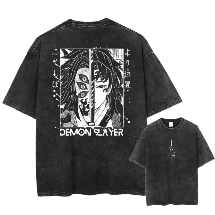 Camiseta Vintage Lavada Anime Demon Slayer Para Hombres Harajuku Oversize Tee Algodón Moda Streetwear Unisex Tops - 1