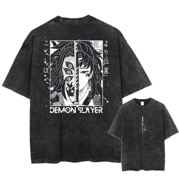 Camiseta Vintage Lavada Anime Demon Slayer Para Hombres Harajuku Oversize Tee Algodón Moda Streetwear Unisex Tops - 1