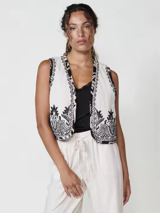 Koroshi - Chaleco reversible mujer con bordado étnico en crudo, 100% viscosa, corte ajustado y escote en pico para look bohemio primavera-verano - 1