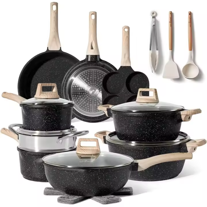 Just Perfecto Juego de Ollas y Sartenes Cocina Antiadherentes 21 Piezas, Barería de Cocina Antiadherentes Aluminio, para Todas Las Cocinas, Included Inducción, Ollas Cocina with Tapas (21 Pcs Black) - 1