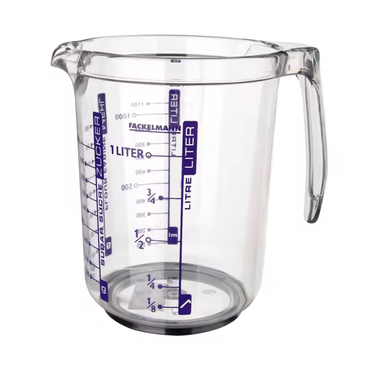 Fackelmann Jarra Medidora de Cocina,  1 litro de capacidad, con escala para medir líquidos, azúcar y harina, Plástico Transparente. Medidas 17,5x12,5x16,5 cm, 1 ud - 1