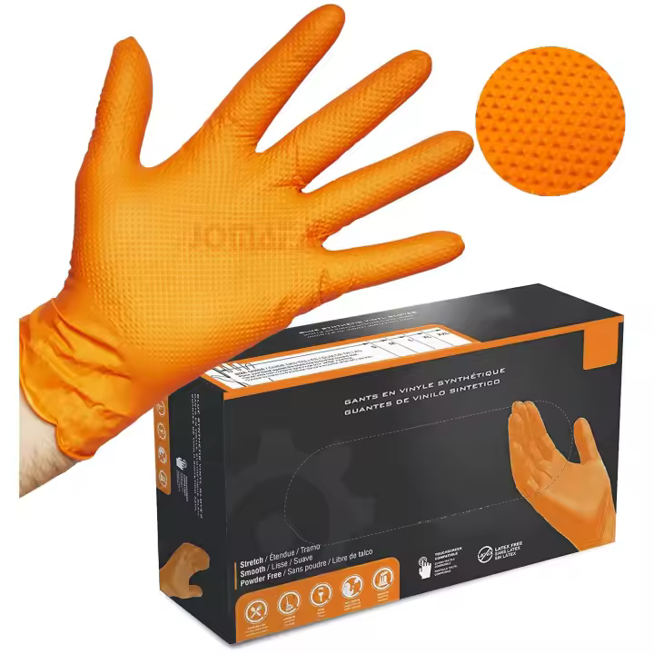 Guantes de Nitrilo DIAMANTADOS GRIP Super resistentes Reutilizables NARANJAS 8 micras / 9´9 gramos, pack de 50 - 1368 - 1