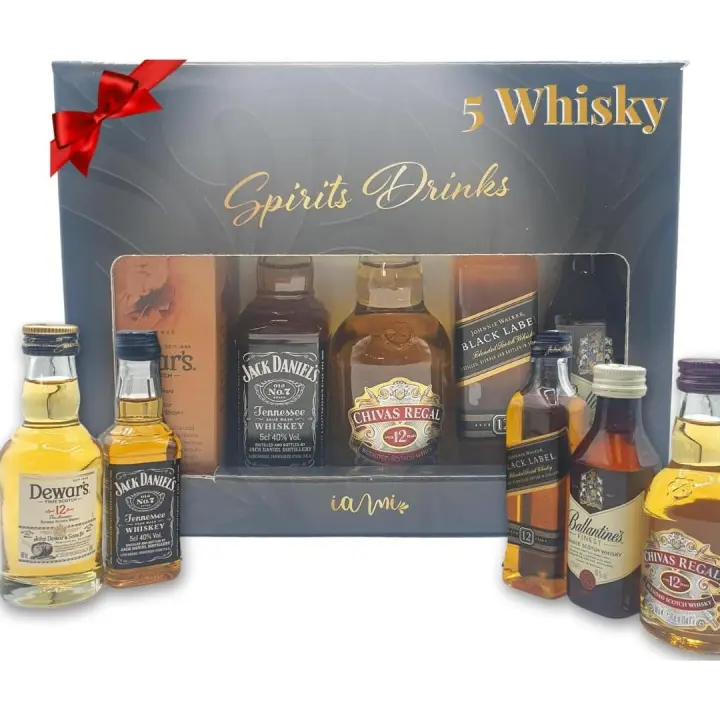 Kit Mini Whisky  Caja Regalo con 5 Mini Botellas: Chivas 12 Años,  Johnnie Walker Black, Dewards, Ballantines y JackDaniels  Perfecto como Regalo Cumpleaños, Amigos  Pack Whisky 5 x 5cl - 1