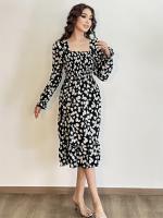 Vestido Midi De Mujer Casual Primavera Otoño Largo Manga Cuello Abierto Floral Impresión A-Line Vestido De Chiffón Con Cintura Elástica Y Cremallera En La Cintura - details 6