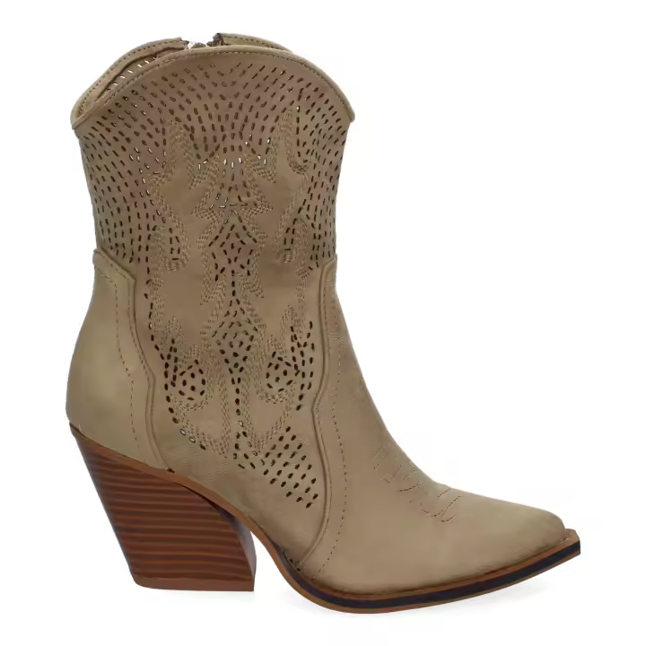 PuntoSalao Botines de tacón campero estilo cawboy comodos para mujer color verde A-5004 - Un Botín Campero con Tacón  Cómodos  Diseño Calado con Bordado en Caña y Empeine y Cierre de Cremallera - 1