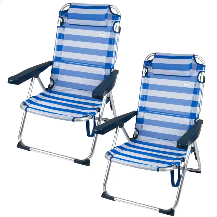 Aktive - Pack 2 sillas de playa 2 en 1 con cojín, plegables con función tumbona, estructura de aluminio y textileno en rayas azul, reclinables, ligeras y fáciles de transportar, 48x60x90 cm - 1