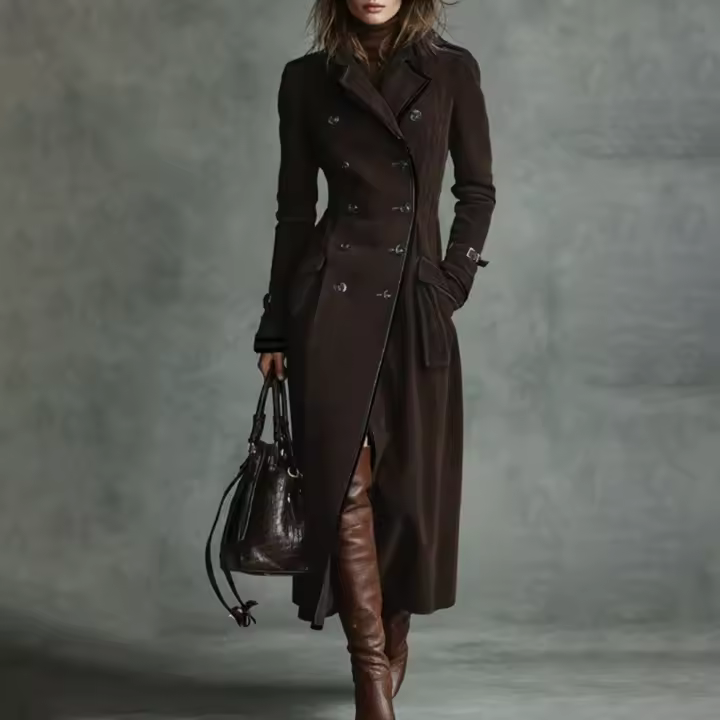 Abrigo De Trench Mujer Chocolate Cuero Double-Breasted Largo Elegante Para Oficina Y Salida Estilo Trendy 2026 Cierre Único Bolsillos - 1