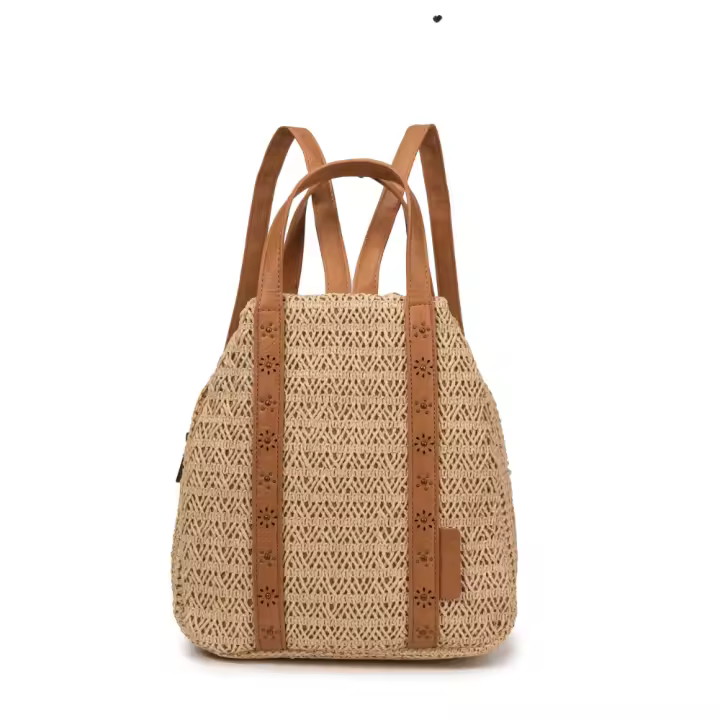 Bolso mochila convertible antirrobo para mujer, hecho a mano en rafia natural y ecopiel con detalles de crochet, asa trasera de seguridad y doble uso como mochila o bolso de mano, ideal para ciudad, viajes o verano | MAC&NOA - 1
