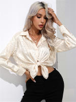 Camisa De Satén Para Mujer Con Cuello Band-collar Y Botones Manga Larga Leopardo Elegante Blusa Casual De Edad Media - details 16